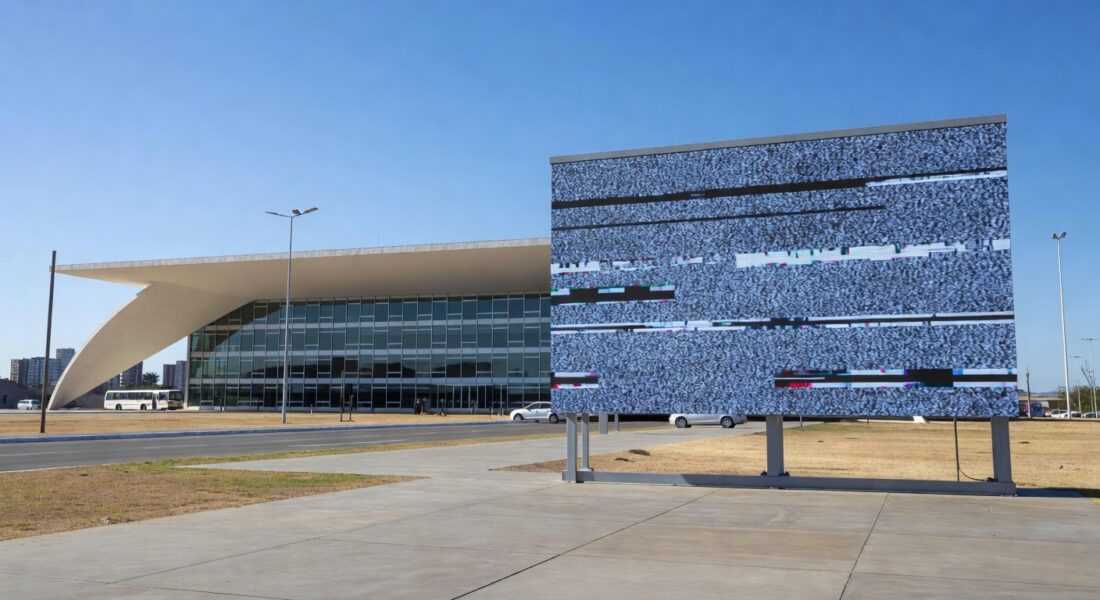Sala de sessões vazia na CLDF em Brasília, com documentos desorganizados e telas de transmissão, destacando ineficiência e lentidão.