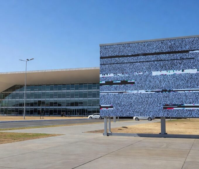 Sala de sessões vazia na CLDF em Brasília, com documentos desorganizados e telas de transmissão, destacando ineficiência e lentidão.