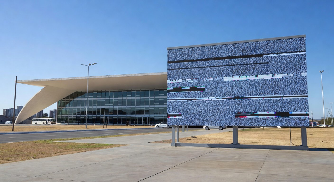 Sala de sessões vazia na CLDF em Brasília, com documentos desorganizados e telas de transmissão, destacando ineficiência e lentidão.
