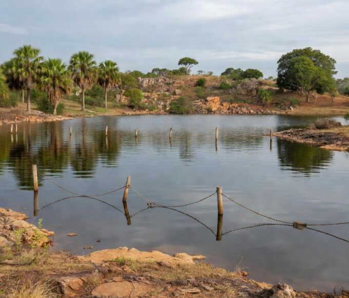Piscinas da Água Mineral fechadas por risco iminente de ruptura, vista panorâmica do local no Brasil com barreiras e vegetação do Cerrado.