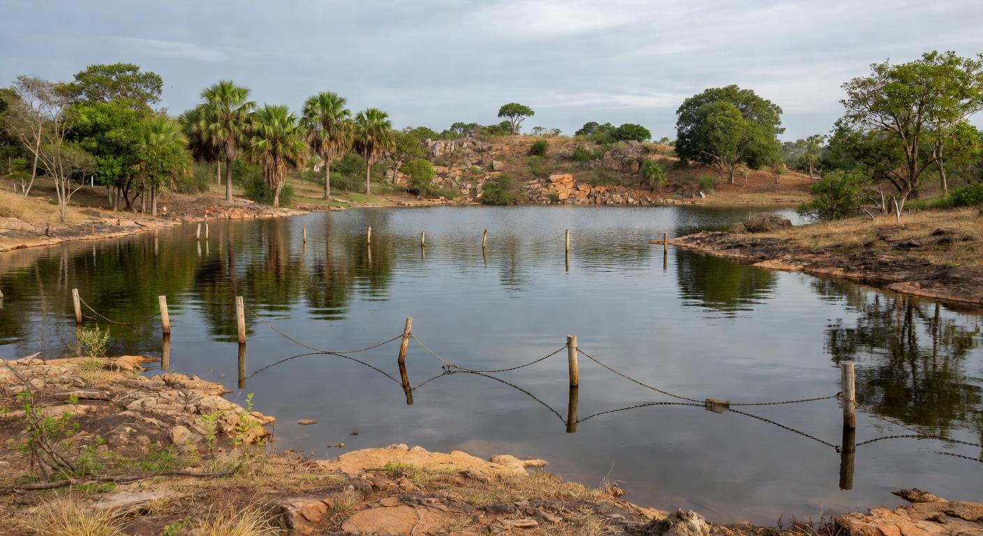 Piscinas da Água Mineral fechadas por risco iminente de ruptura, vista panorâmica do local no Brasil com barreiras e vegetação do Cerrado.