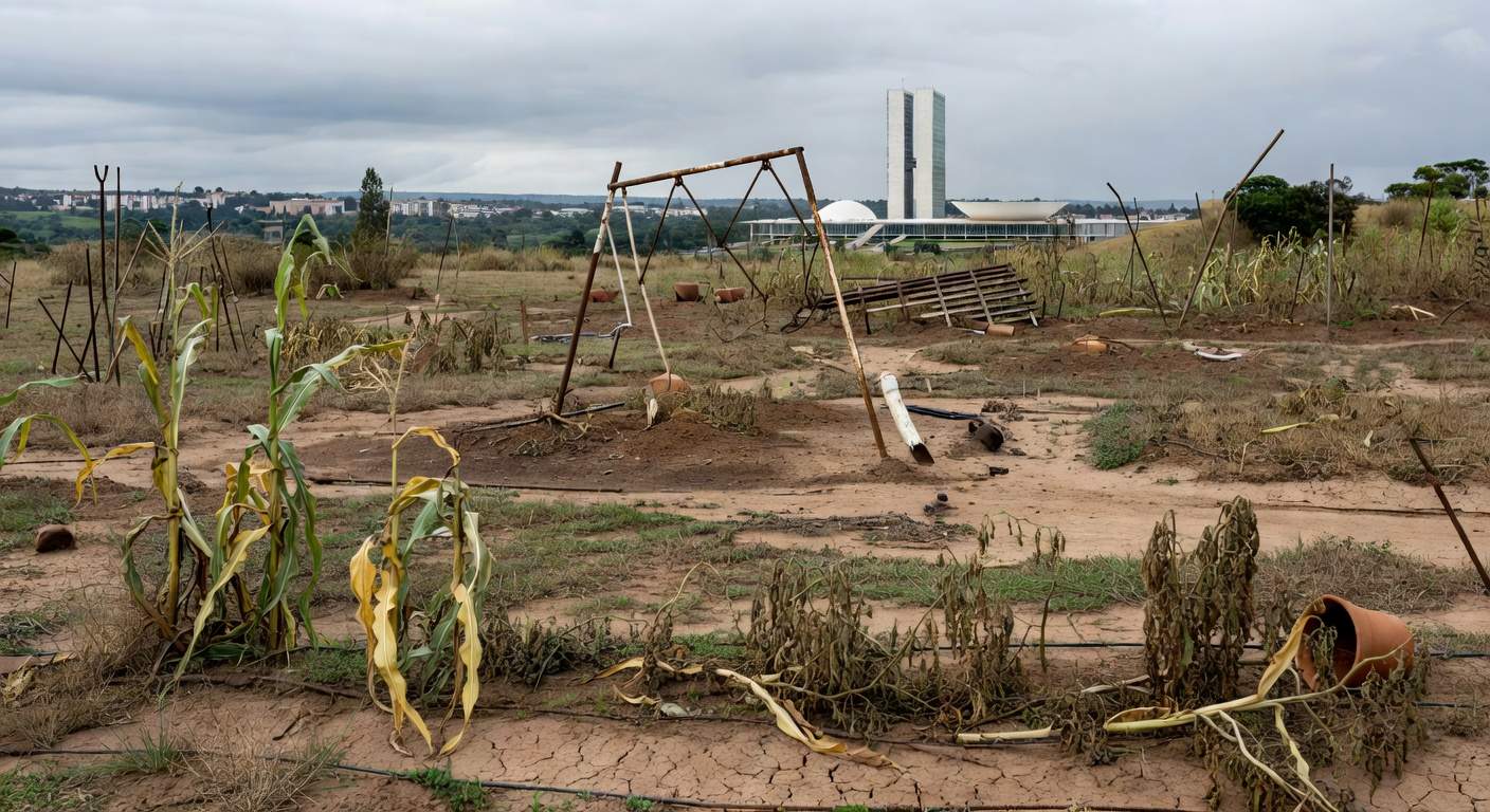 Horta urbana abandonada em Brasília, com plantas secas e estruturas danificadas, ilustrando falhas crônicas na agricultura urbana.