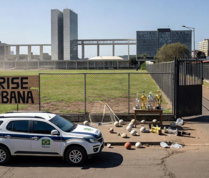 Viaturas policiais do DF estacionadas em evento esportivo em Brasília, ilustrando desperdício de recursos em olimpíadas da segurança pública.