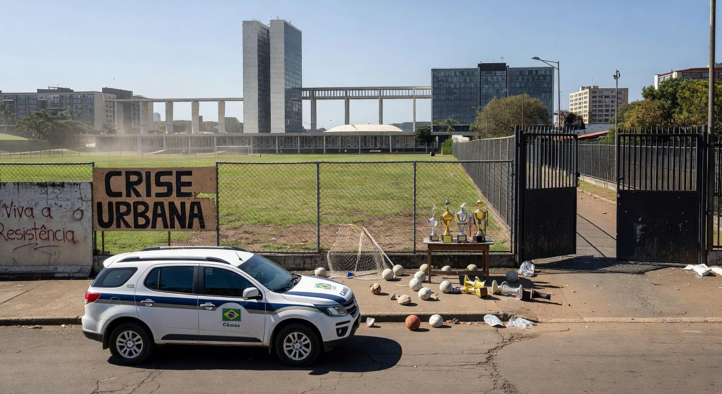 Viaturas policiais do DF estacionadas em evento esportivo em Brasília, ilustrando desperdício de recursos em olimpíadas da segurança pública.