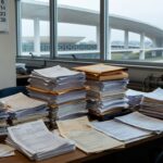 Balcão com pilhas de documentos burocráticos em escritório da Caesb no DF, representando limitações em inscrições para conselho de consumidores.