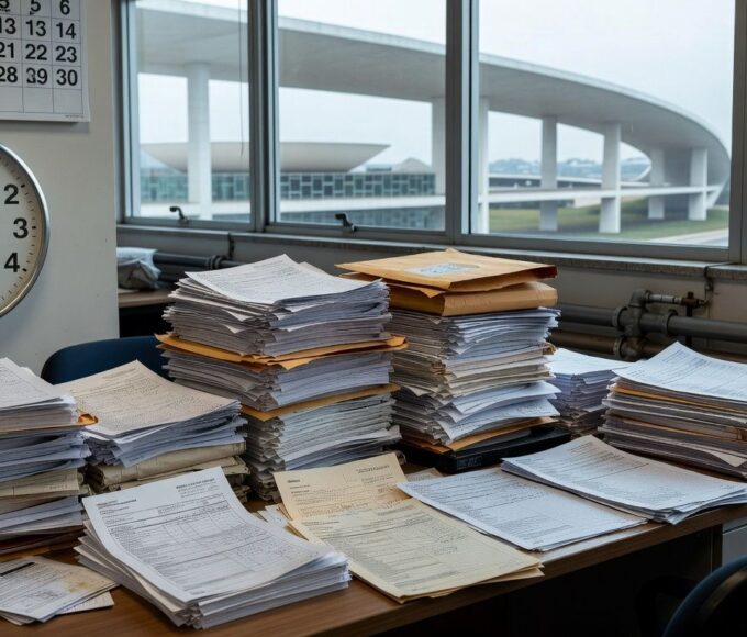 Balcão com pilhas de documentos burocráticos em escritório da Caesb no DF, representando limitações em inscrições para conselho de consumidores.