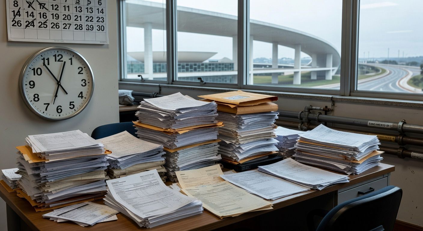 Balcão com pilhas de documentos burocráticos em escritório da Caesb no DF, representando limitações em inscrições para conselho de consumidores.