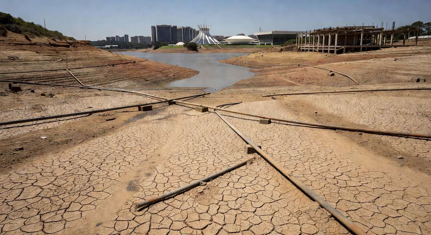 Tubulações de esgoto danificadas em rua de Brasília, ilustrando crise de saneamento no DF com expansão tardia de redes.