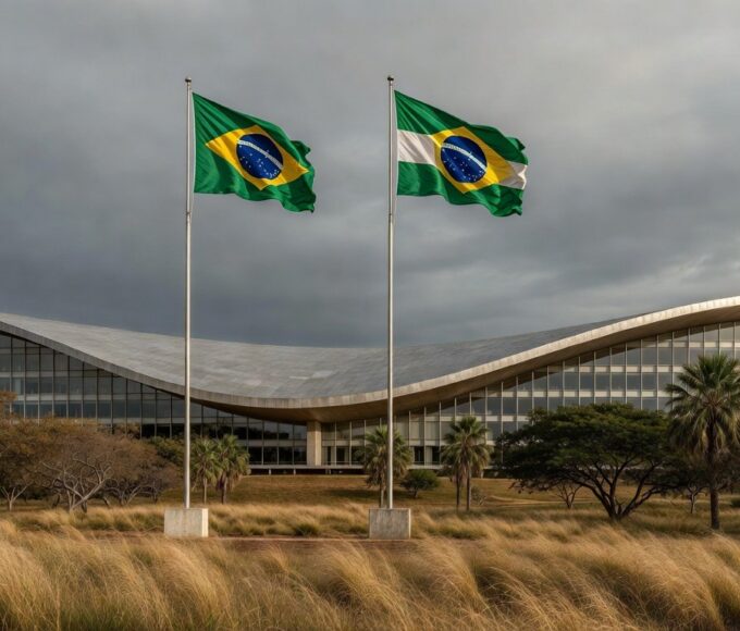 Sala de reuniões vazia na Câmara Legislativa do DF, com documentos e sombras sugerindo falta de transparência em reunião com presidente do BRB.