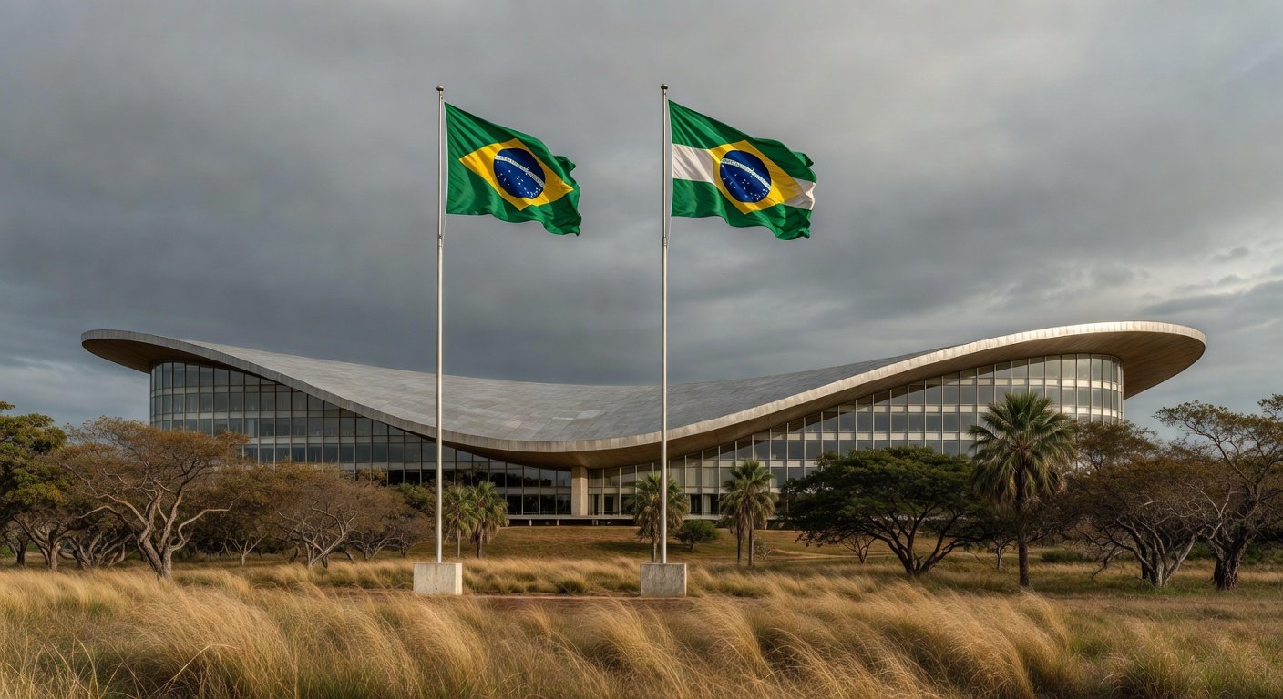 Sala de reuniões vazia na Câmara Legislativa do DF, com documentos e sombras sugerindo falta de transparência em reunião com presidente do BRB.