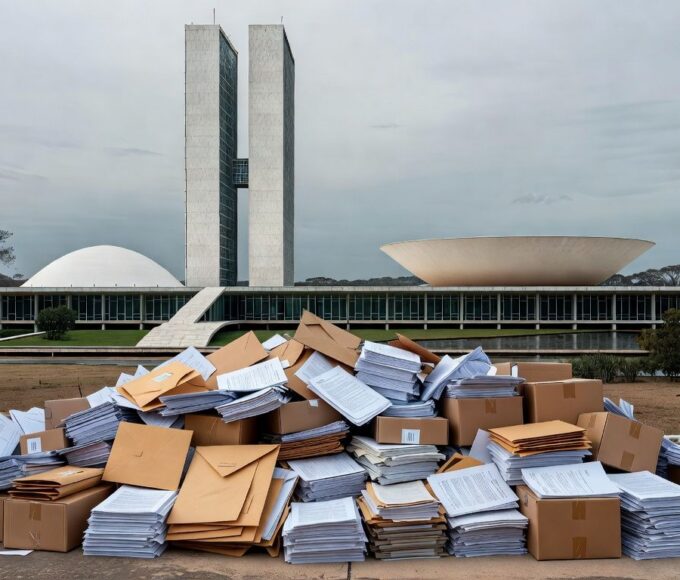 Pilhas de documentos e notas de real em escritório governamental em Brasília, representando falta de transparência na aprovação de R$ 15 milhões para Ceasa.
