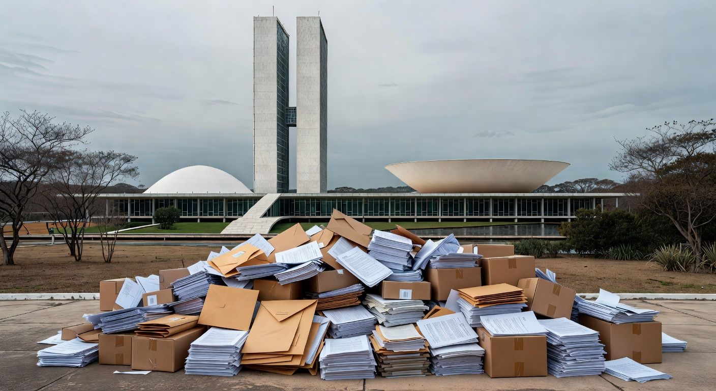 Pilhas de documentos e notas de real em escritório governamental em Brasília, representando falta de transparência na aprovação de R$ 15 milhões para Ceasa.