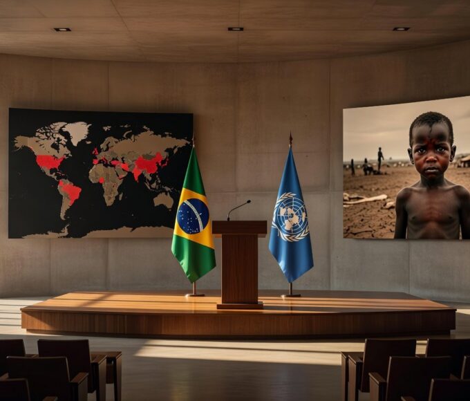 Sala de conferência em Brasília com bandeiras do Brasil e ONU, representando críticas a guerras, fome global e descrédito da ONU.
