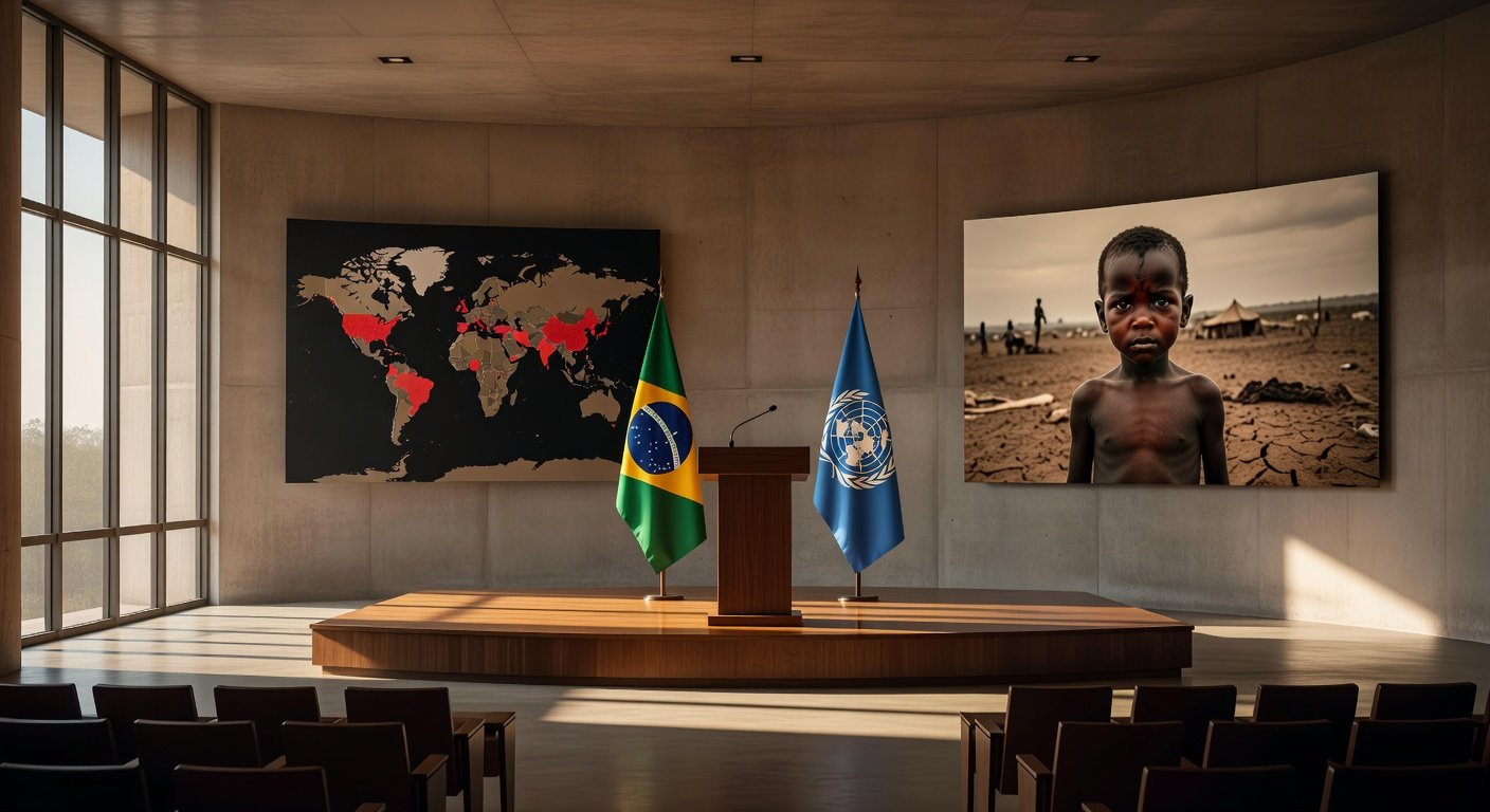 Sala de conferência em Brasília com bandeiras do Brasil e ONU, representando críticas a guerras, fome global e descrédito da ONU.