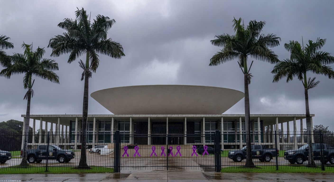 Viatura da PMDF em frente à CLDF sob chuva, representando falhas na reintegração de policiais e proteção a vítimas de violência.