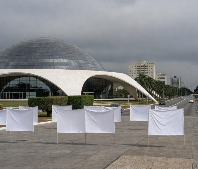 Instalação simbólica com sapatos vermelhos na CLDF, expondo falhas no combate à violência contra mulheres em Brasília.