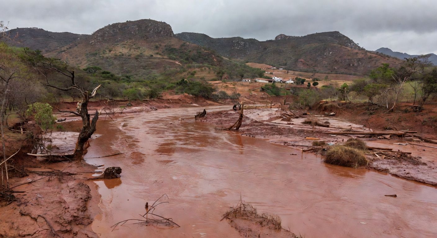 Paisagem devastada por tragédia ambiental em Minas Gerais, com rio poluído e vegetação destruída, representando vítimas que recebem auxílio.