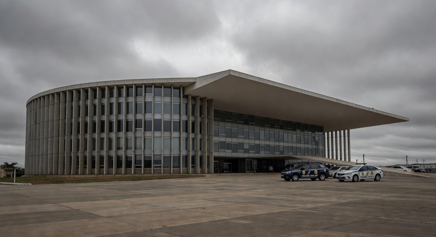 Viaturas da Polícia Civil em frente à CLDF em Brasília, simbolizando pressão por regulamentação previdenciária e falhas crônicas.