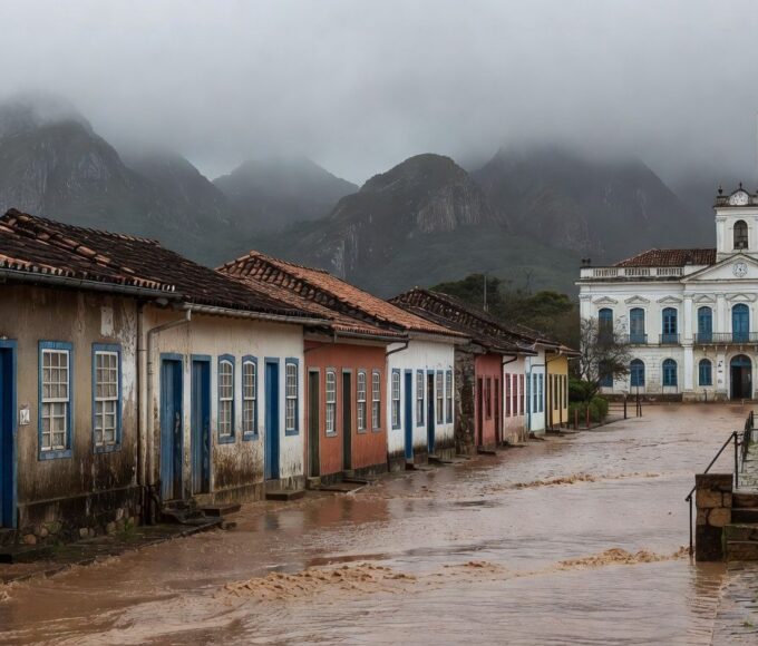 Rua inundada em cidade de Minas Gerais após enchentes, com bandeira brasileira simbolizando auxílio de R$ 7.300 para vítimas.