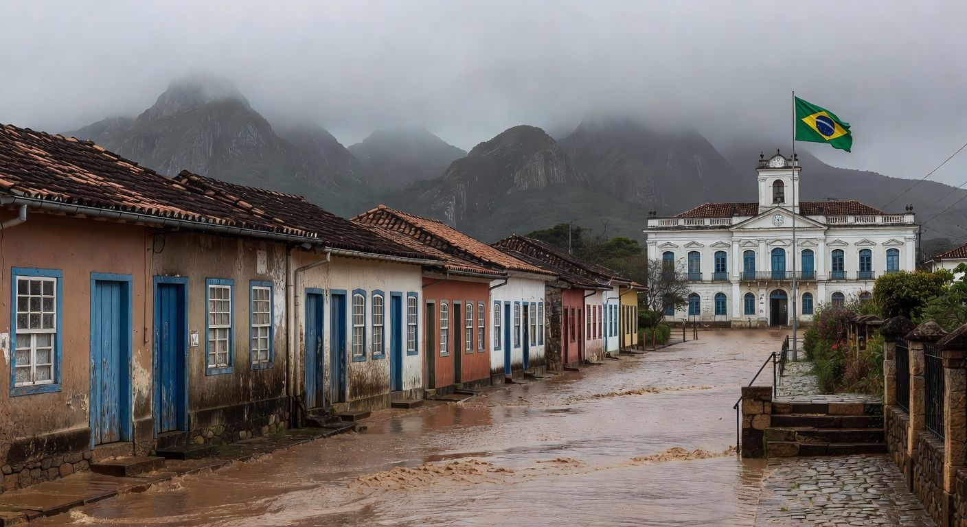 Rua inundada em cidade de Minas Gerais após enchentes, com bandeira brasileira simbolizando auxílio de R$ 7.300 para vítimas.