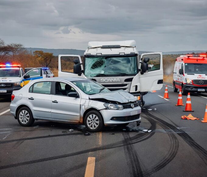 Acidente com quatro veículos na DF-150 em Sobradinho, deixando três feridos, cena de colisão na rodovia do Distrito Federal.