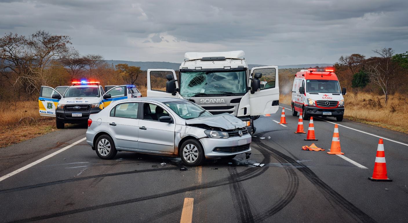 Acidente com quatro veículos na DF-150 em Sobradinho, deixando três feridos, cena de colisão na rodovia do Distrito Federal.
