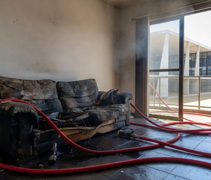 Sala de casa em Brasília com sofá incendiado após discussão doméstica.