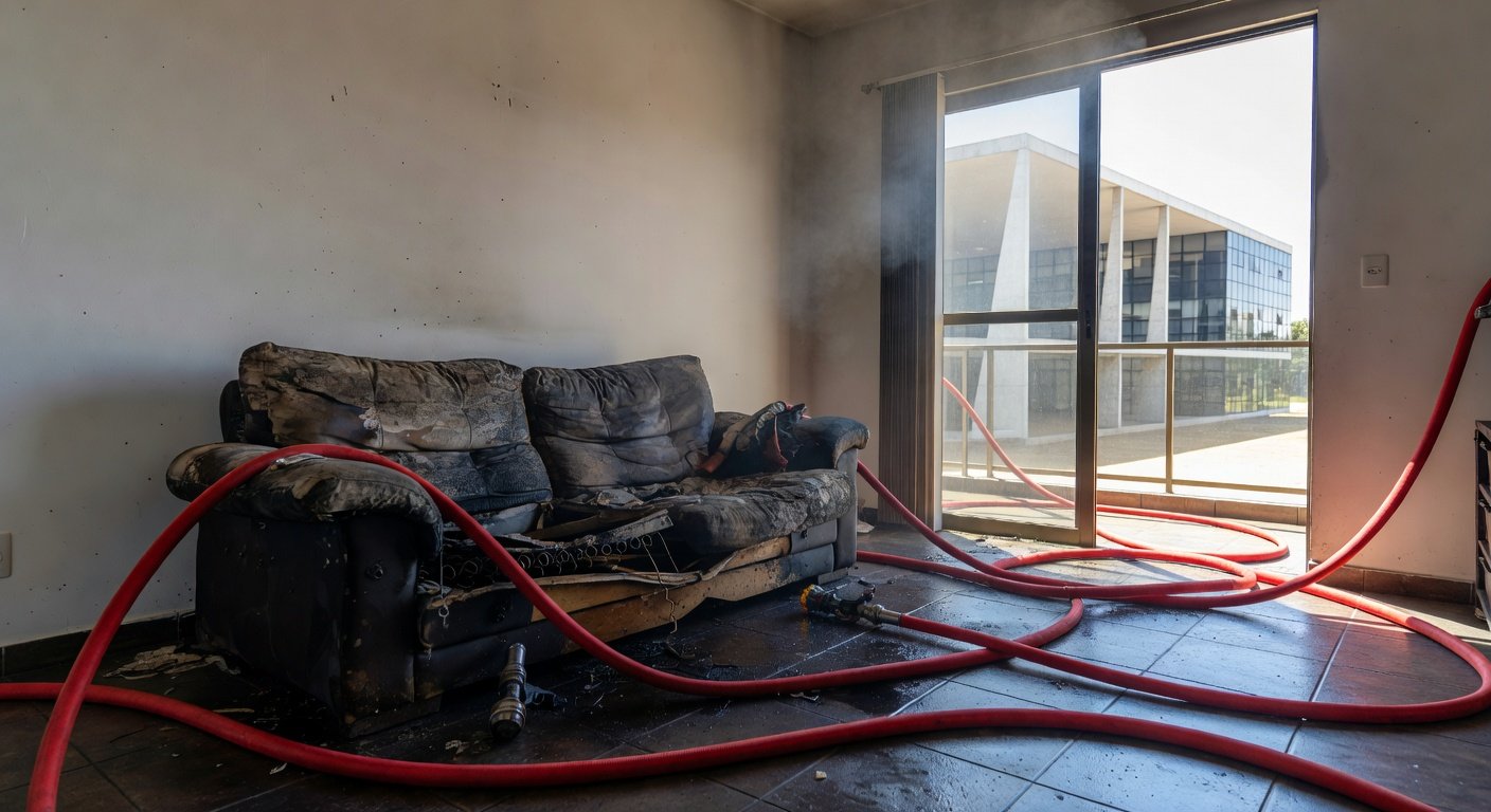Sala de casa em Brasília com sofá incendiado após discussão doméstica.