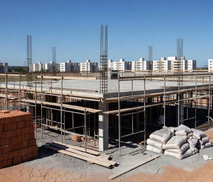 Cena de obra no Gama, DF, com laje desabada e entulhos, em estilo fotojornalístico realista.