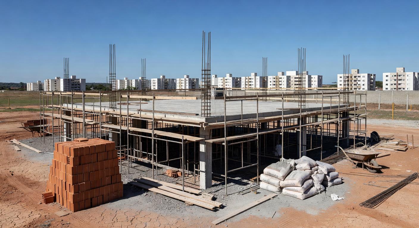 Cena de obra no Gama, DF, com laje desabada e entulhos, em estilo fotojornalístico realista.