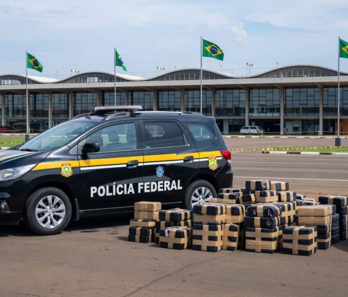 Viaturas da Polícia Federal no Aeroporto de Brasília com pacotes de metanfetamina em operação de prisão por tráfico de drogas.