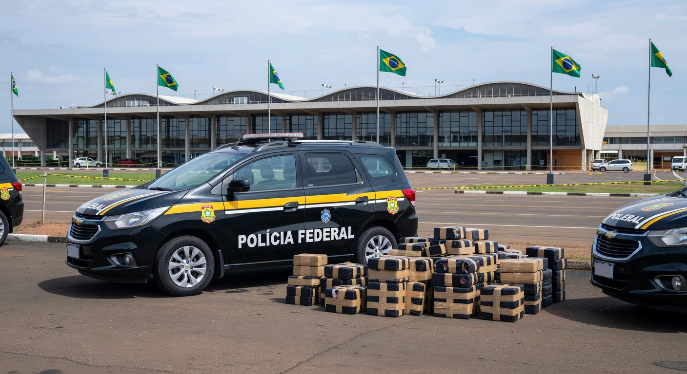 Viaturas da Polícia Federal no Aeroporto de Brasília com pacotes de metanfetamina em operação de prisão por tráfico de drogas.