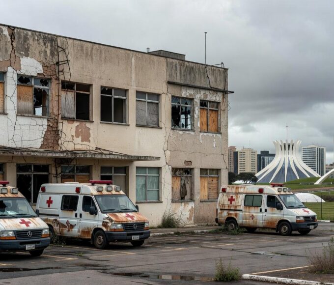 Hospital público e delegacia deteriorados em Brasília, representando falhas na saúde e segurança do DF.