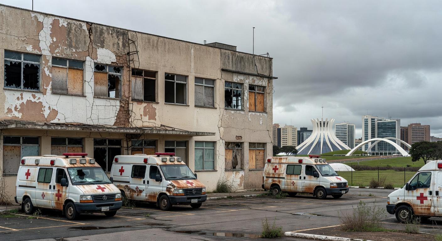 Hospital público e delegacia deteriorados em Brasília, representando falhas na saúde e segurança do DF.