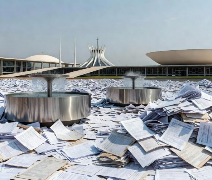 Bebedouro em evento ao ar livre em Brasília, com documentos burocráticos representando sobrecarga para organizadores.