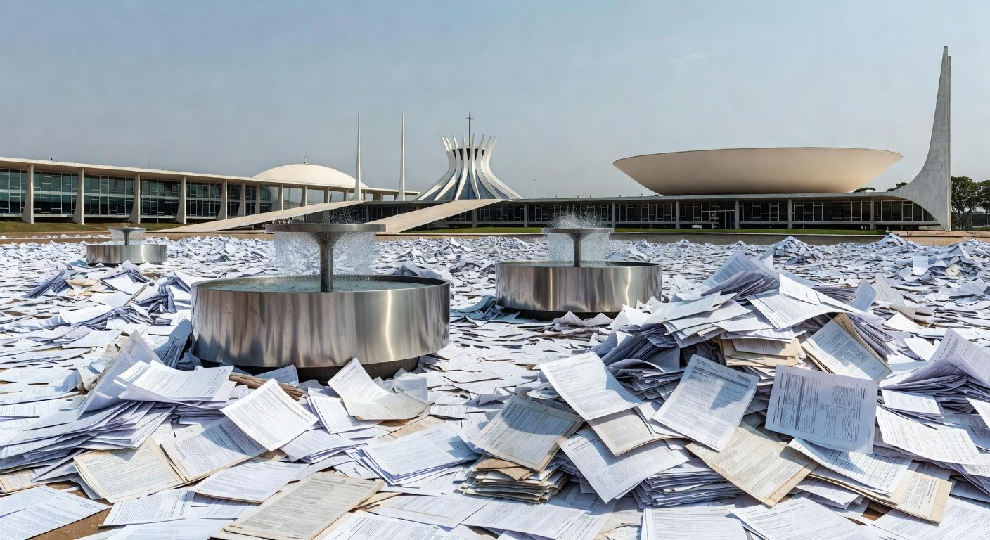 Bebedouro em evento ao ar livre em Brasília, com documentos burocráticos representando sobrecarga para organizadores.