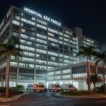 Fachada de hospital em Brasília, representando internação por broncopneumonia bacteriana.