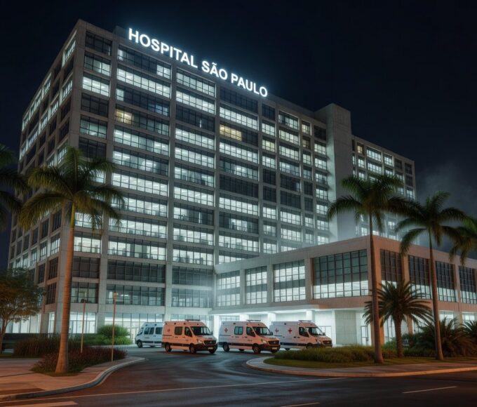 Fachada de hospital em Brasília, representando internação por broncopneumonia bacteriana.