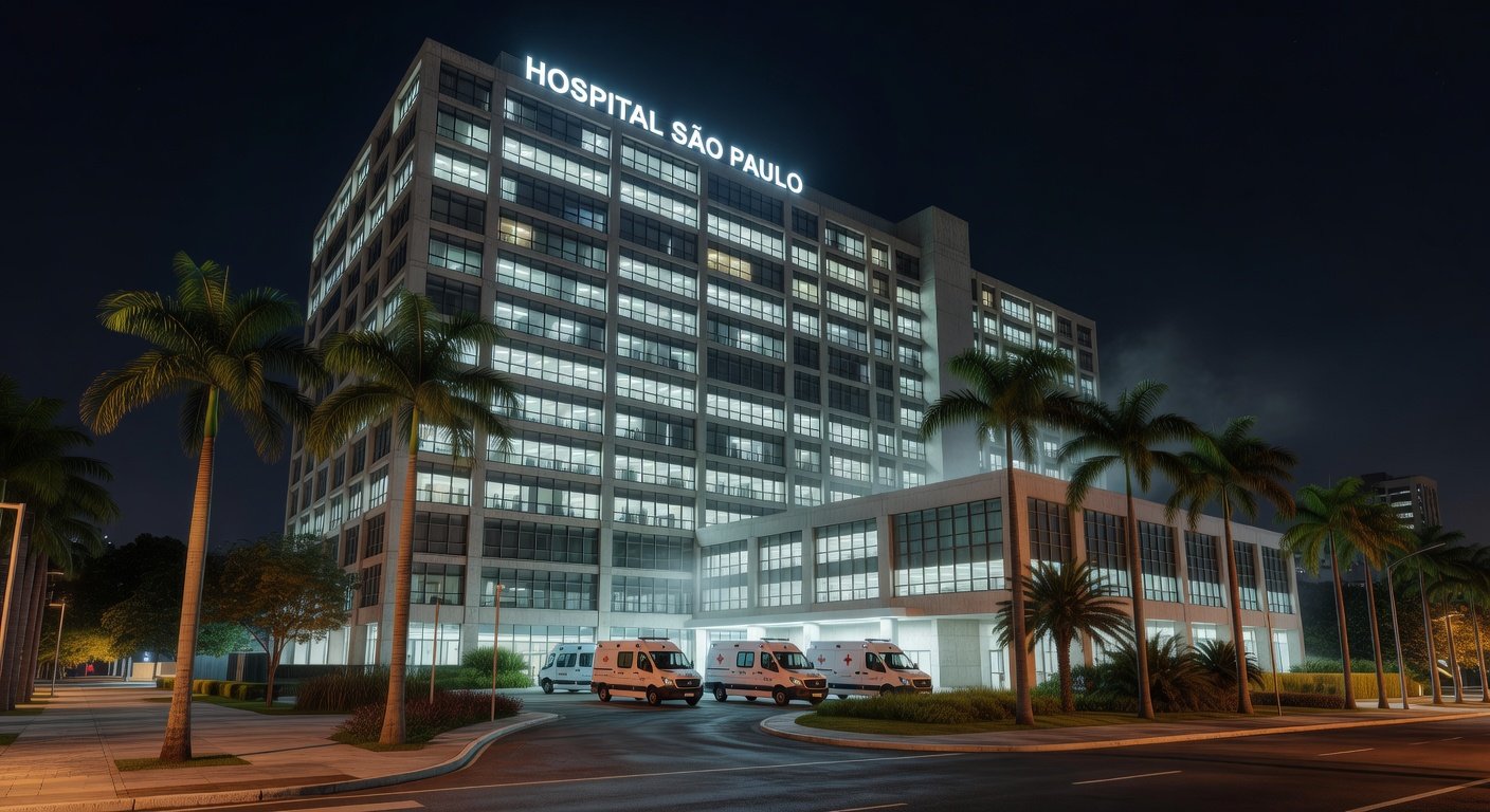 Fachada de hospital em Brasília, representando internação por broncopneumonia bacteriana.