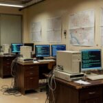 Sala de investigação cibernética em delegacia de São Paulo com computadores e alertas de ataques digitais.