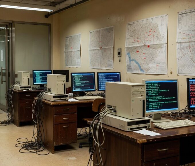 Sala de investigação cibernética em delegacia de São Paulo com computadores e alertas de ataques digitais.