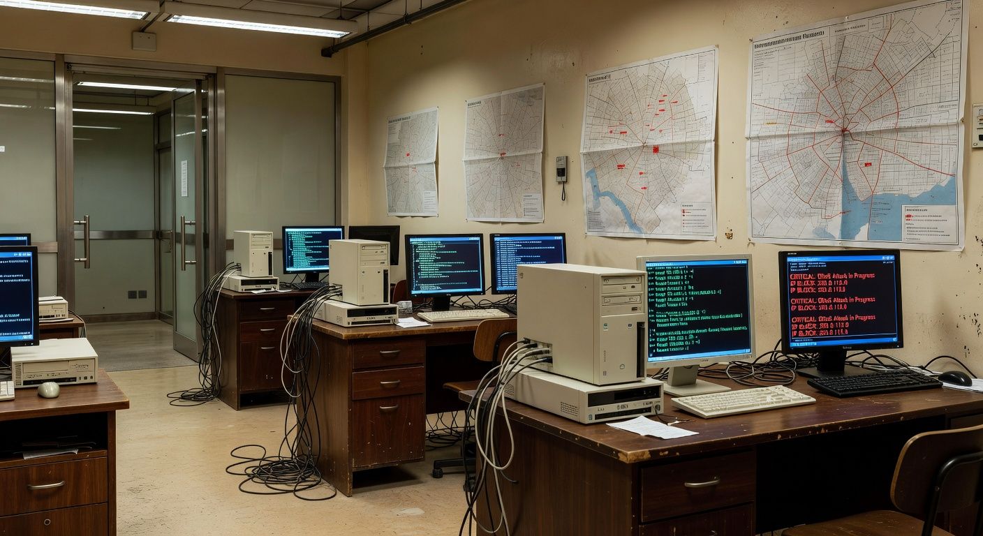 Sala de investigação cibernética em delegacia de São Paulo com computadores e alertas de ataques digitais.