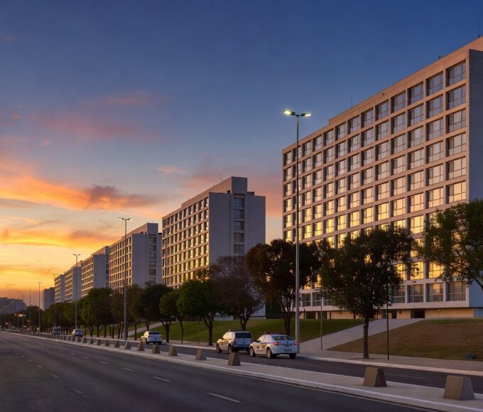 Hotéis em Brasília com viaturas policiais, representando ampliação da Área de Segurança Especial nos setores hoteleiros.