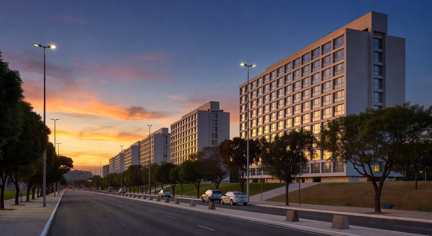 Hotéis em Brasília com viaturas policiais, representando ampliação da Área de Segurança Especial nos setores hoteleiros.