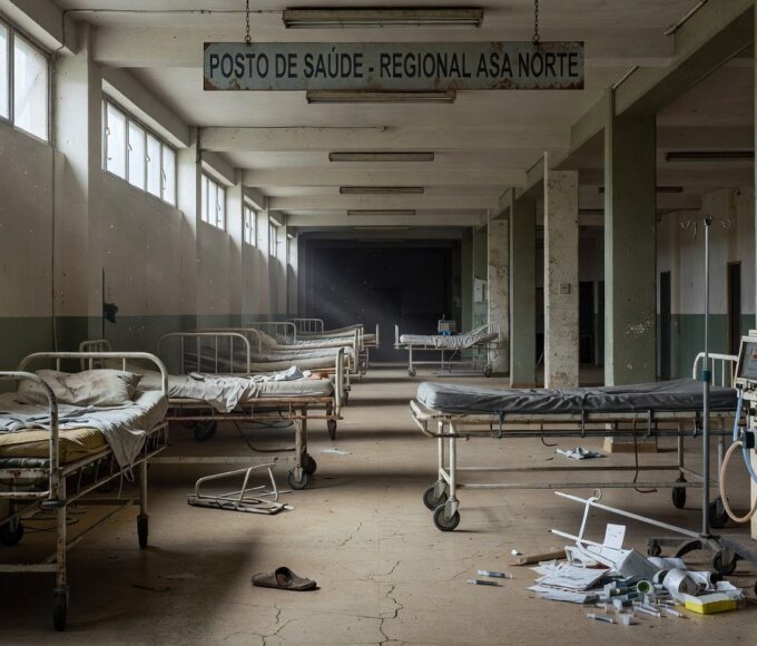 Edifício da CLDF em Brasília com fitas zebradas de doenças raras, sob céu nublado, simbolizando críticas de negligência.