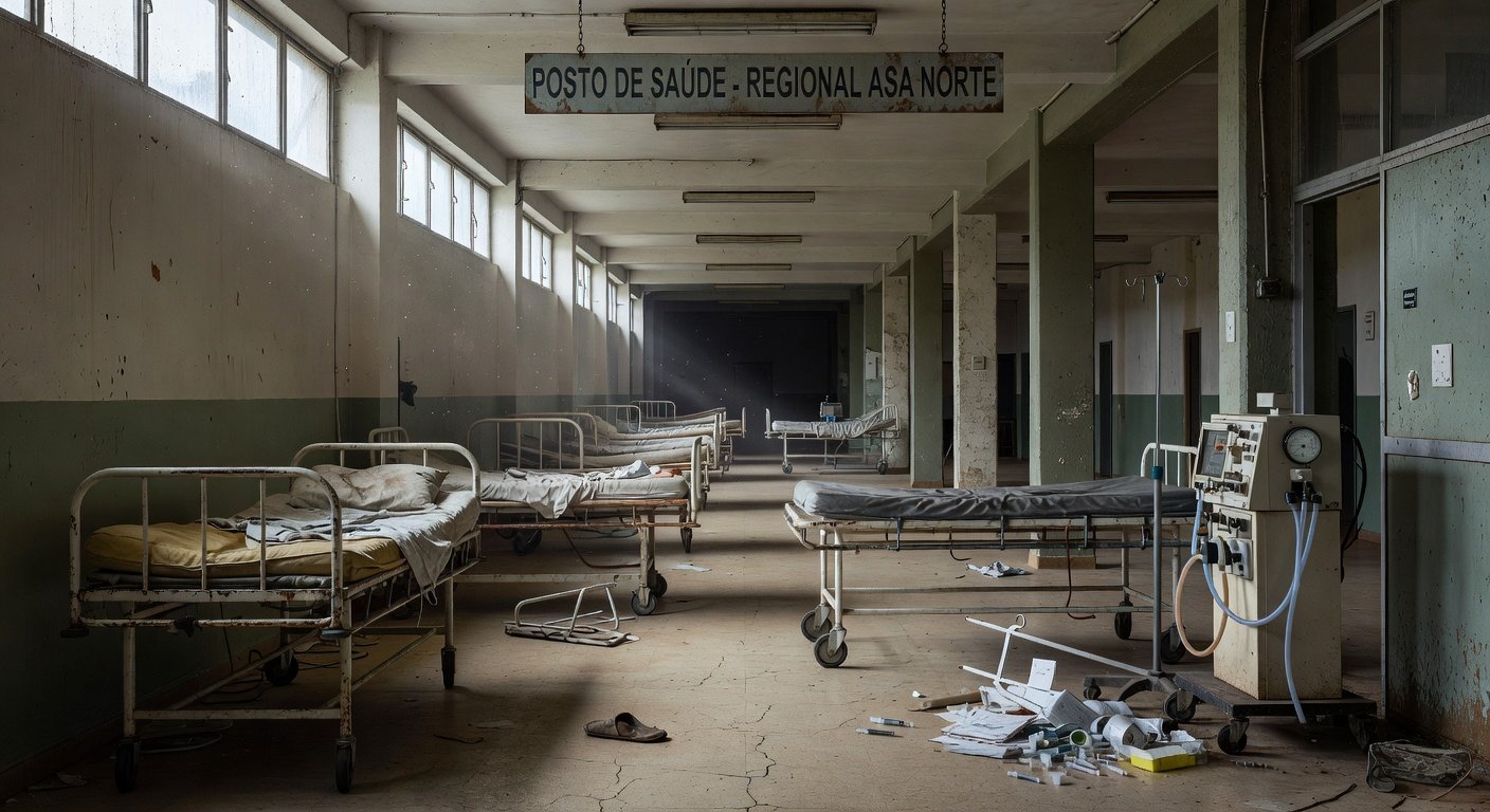 Edifício da CLDF em Brasília com fitas zebradas de doenças raras, sob céu nublado, simbolizando críticas de negligência.