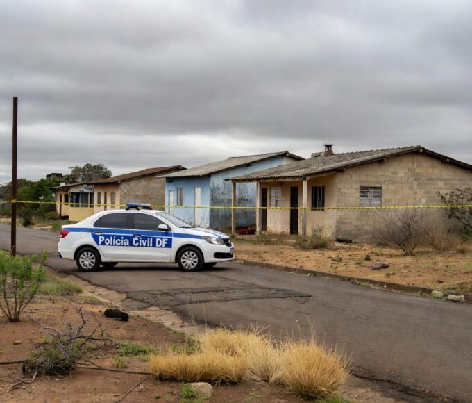 Cena de crime isolada pela polícia no DF, com fita de isolamento e viaturas, representando caso de homicídio e ocultação de cadáver.