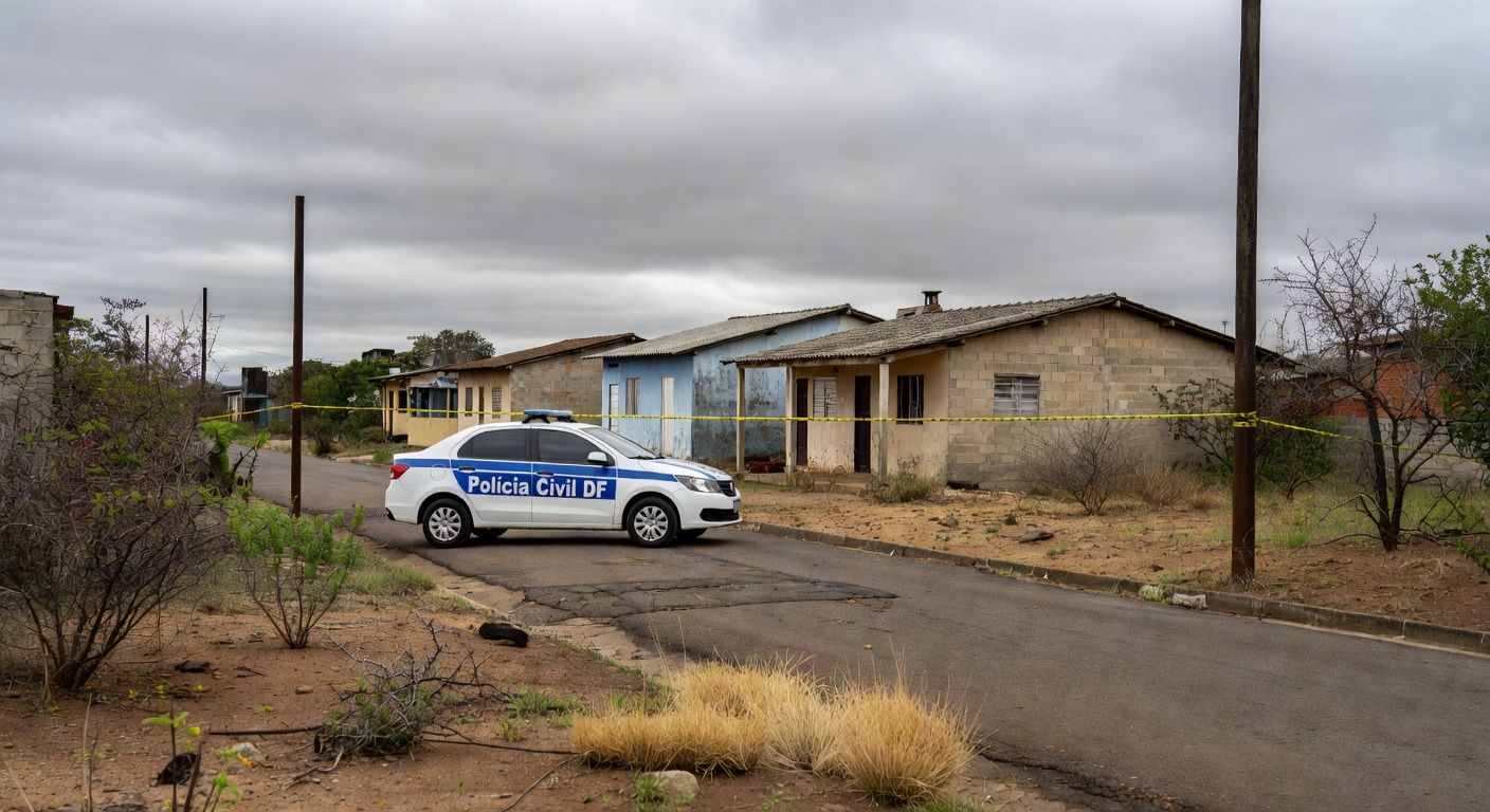 Cena de crime isolada pela polícia no DF, com fita de isolamento e viaturas, representando caso de homicídio e ocultação de cadáver.