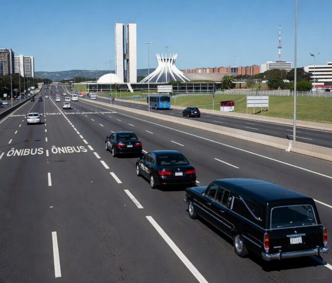 Rodovia no DF com veículo funerário em faixa exclusiva da EPTG ou EPNB.