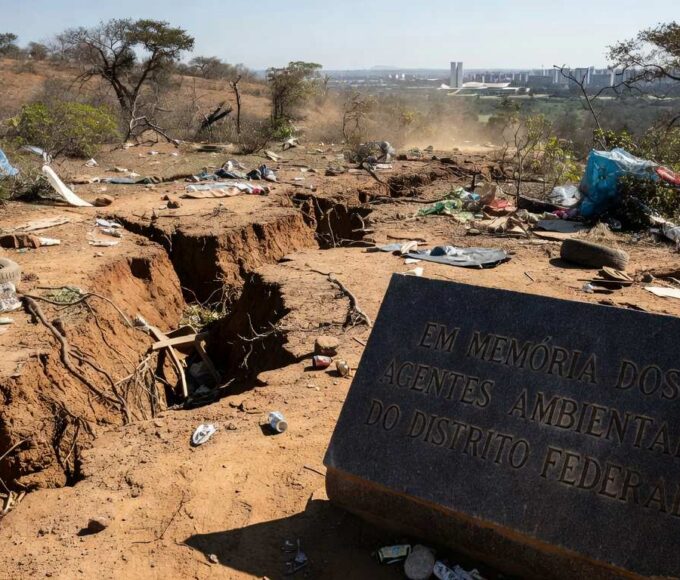 Área de desmatamento no Cerrado brasileiro, com árvores cortadas e solo exposto, destacando falhas no combate ambiental.